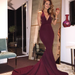Sexy Mermaid Maroon Backless Evening Prom Dresses, Long Deep V Neckline Party Prom Dress, 17118