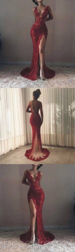Sexy Backless Maroon Lace Side Slit Deep V Neckline Mermaid Long Evening Prom Dresses, 17531 - Image 3