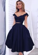 Two Pieces Off Shoulder Navy Blue Homecoming Prom Dresses, Cheap Homecoming Dresses, CM358 - Image 4