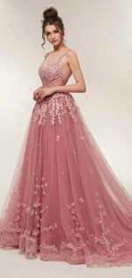 See Through Dusty Pink Lace A-line Long Evening Prom Dresses, Cheap Sweet 16 Dresses, 18354 - Image 8