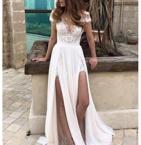 Short Sleeve Sexy Slit Casual Custom Cheap Beach Wedding Dresses, WD316