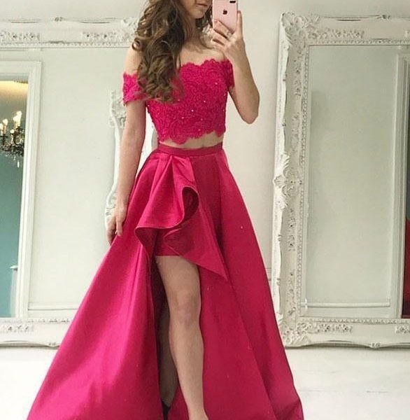 Sexy Two Pieces Applique Off Shoulder High Low Custom Evening Prom Dresses, 17448