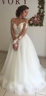 Off Shoulder Long Sleeves Lace A-line Wedding Dresses Online, WD409 - Image 6