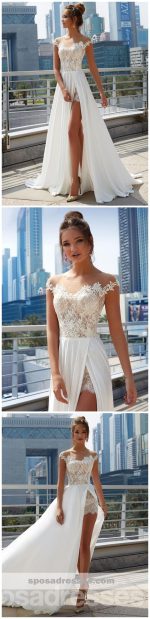 Off Shoulder See Through Cheap Wedding Dresses Online, Side Slit A-line Bridal Dresses, WD444 - Image 6