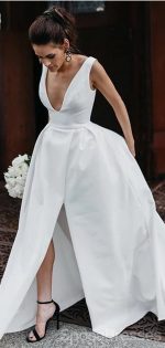 Simple V-Neck A-line Side Slit Cheap Wedding Dresses Online, Cheap Unique Bridal Dresses, WD605 - Image 8
