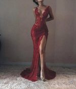 Sexy Backless Maroon Lace Side Slit Deep V Neckline Mermaid Long Evening Prom Dresses, 17531 - Image 5