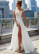 Off Shoulder See Through Cheap Wedding Dresses Online, Side Slit A-line Bridal Dresses, WD444 - Image 4