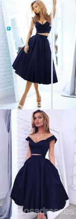 Two Pieces Off Shoulder Navy Blue Homecoming Prom Dresses, Cheap Homecoming Dresses, CM358 - Image 3