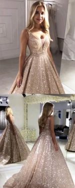 V Neck Sparkly Sequin A-line Long Evening Prom Dresses With Pockets, Cheap Custom Party Prom Dresses, 18606 - Image 2