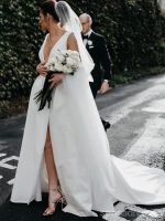 Simple V-Neck A-line Side Slit Cheap Wedding Dresses Online, Cheap Unique Bridal Dresses, WD605 - Image 2