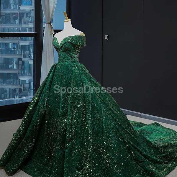 Off Shoulder Emerald Green Sequin Long Evening Prom Dresses, Evening Party Prom Dresses, 12234
