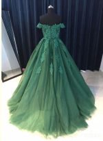 Off Shoulder Emerald Green Lace A line Long Custom Evening Prom Dresses, 17428 - Image 2
