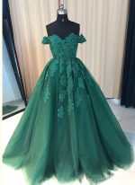 Off Shoulder Emerald Green Lace A line Long Custom Evening Prom Dresses, 17428 - Image 4