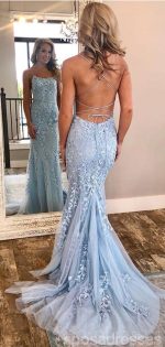 Sexy Backless Blue Lace Mermaid Scoop Long Evening Prom Dresses, Cheap Sweet 16 Dresses, 18380 - Image 8