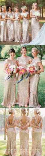 Gold Sequin Short Sleeve Mermaid Long Bridesmaid Dresses, BD001 - Image 4