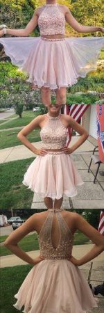 Champagne Two Pieces Beading Short Cheap Homecoming Dresses Online, CM572 - Image 2