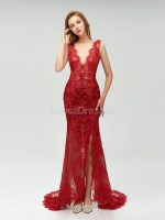 Sexy Backless Maroon Lace Side Slit Deep V Neckline Mermaid Long Evening Prom Dresses, 17531 - Image 8