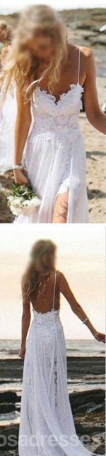 Simple Spaghetti White Lace Side Slit Wedding Dresses For Beach Wedding, WD0047 - Image 3
