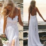 Simple Spaghetti White Lace Side Slit Wedding Dresses For Beach Wedding, WD0047 - Image 2