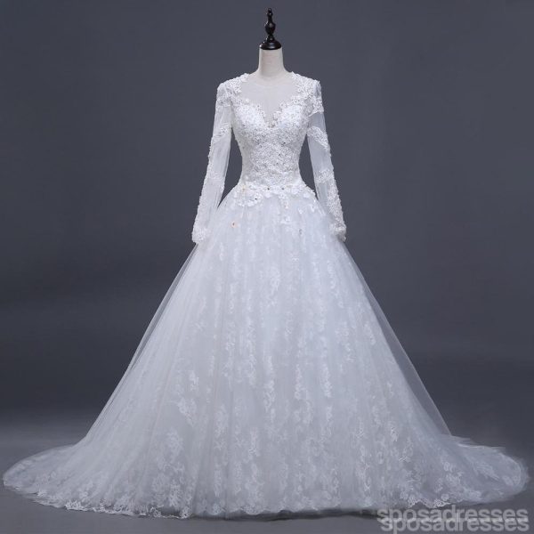 2018 Sexy See Through Long Sleeve Lace A line Wedding Bridal Dresses, Affordable Custom Made Wedding Bridal Dresses, WD267