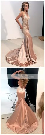 Sexy Backless V Neck Lace Mermaid Long Evening Prom Dresses, 17520 - Image 7