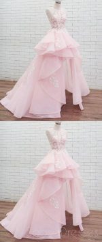 Halter Lace High Low Pink Organza Long Evening Prom Dresses, Cheap Custom Sweet 16 Dresses, 18461 - Image 2
