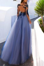 Sexy See Through Blue Lace Long Sleeve Open Back Custom Long Evening Prom Dresses, 17482 - Image 3