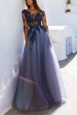 Sexy See Through Blue Lace Long Sleeve Open Back Custom Long Evening Prom Dresses, 17482 - Image 2