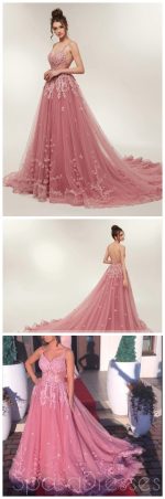 See Through Dusty Pink Lace A-line Long Evening Prom Dresses, Cheap Sweet 16 Dresses, 18354 - Image 5