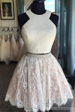 Sexy Two Pieces Halter Lace skirt Pearls bodice Cute homecoming prom dresses, CM0010 - Image 2