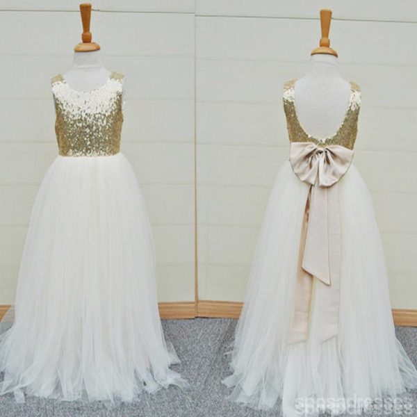 Gold Sequin Top White Tulle Cute Flower Girl Dresses For Wedding Party, FG002