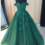 Off Shoulder Emerald Green Lace A line Long Custom Evening Prom Dresses, 17428