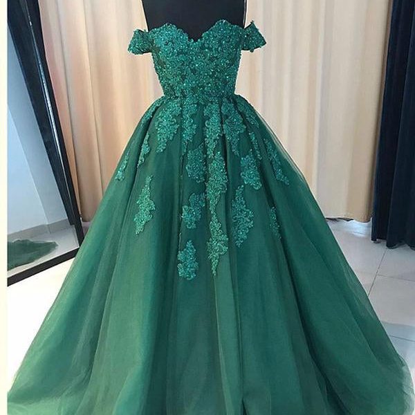 Off Shoulder Emerald Green Lace A line Long Custom Evening Prom Dresses, 17428