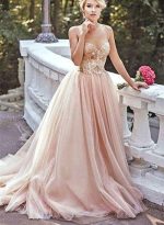 Gold Sequin A line Evening Prom Dresses, Long Tulle Party Prom Dresses, 17051 - Image 2