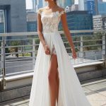 Off Shoulder See Through Cheap Wedding Dresses Online, Side Slit A-line Bridal Dresses, WD444