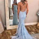 Sexy Backless Blue Lace Mermaid Scoop Long Evening Prom Dresses, Cheap Sweet 16 Dresses, 18380