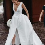 Simple V-Neck A-line Side Slit Cheap Wedding Dresses Online, Cheap Unique Bridal Dresses, WD605