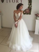 Off Shoulder Long Sleeves Lace A-line Wedding Dresses Online, WD409