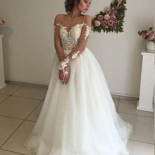 Off Shoulder Long Sleeves Lace A-line Wedding Dresses Online, WD409