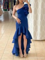 Sexy Blue Sheath One Shoulder High Low Maxi Long Party Prom Dresses,13330 - Image 3
