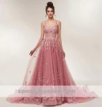 See Through Dusty Pink Lace A-line Long Evening Prom Dresses, Cheap Sweet 16 Dresses, 18354 - Image 2