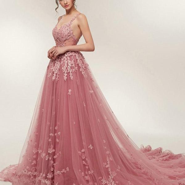 See Through Dusty Pink Lace A-line Long Evening Prom Dresses, Cheap Sweet 16 Dresses, 18354