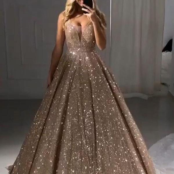 V Neck Sparkly Sequin A-line Long Evening Prom Dresses With Pockets, Cheap Custom Party Prom Dresses, 18606