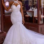 Halter Sexy See Through Lace Mermaid Wedding Dresses, Mermaid Wedding Gown, WD697