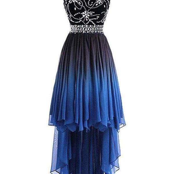 Halter Beaded High Low Chiffon Ombre Cheap Long Evening Prom Dresses, Sweet16 Dresses, 18406