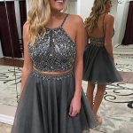 Sexy Two Pieces Beaded Grey Cheap Homecoming Dresses Online, CM714