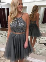 Sexy Two Pieces Beaded Grey Cheap Homecoming Dresses Online, CM714