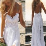 Simple Spaghetti White Lace Side Slit Wedding Dresses For Beach Wedding, WD0047