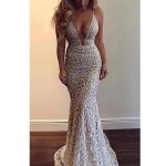 Sexy Backless Lace Beaded Mermaid Long Evening Prom Dresses, Cheap Custom Sweet 16 Dresses, 18566