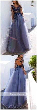 Sexy See Through Blue Lace Long Sleeve Open Back Custom Long Evening Prom Dresses, 17482 - Image 6
